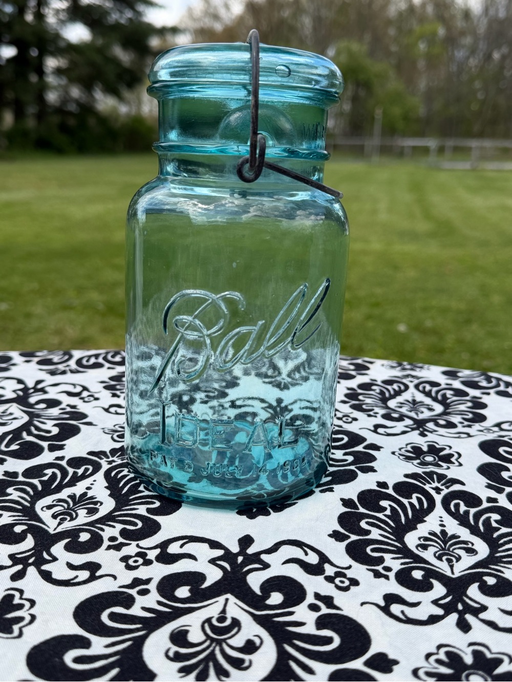 Vintage Ball Ideal Mason Blue Glass Jar with Wire Bail